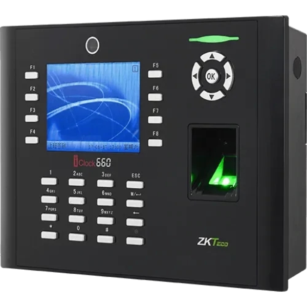 ZKTeco iClock660 – Pointeuse biométrique avancée avec écran couleur, empreintes, RFID et connectivité réseau.